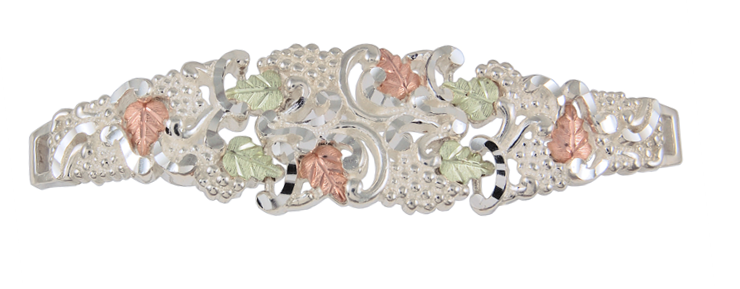 Sterling silver cuff bracelet with grape clusters, 12k rose gold and 12k green gold grape leaves in the Black Hills Gold motif.