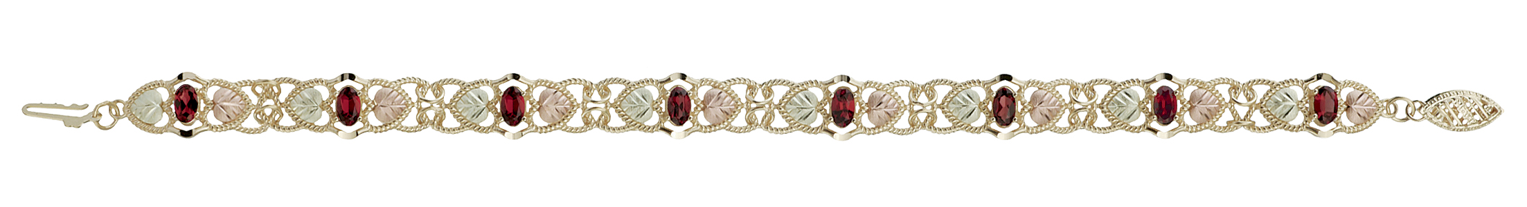 10k yellow gold Ruby bracelet with 8 rubies, 12k rose gold hand sculptured grape leaves.