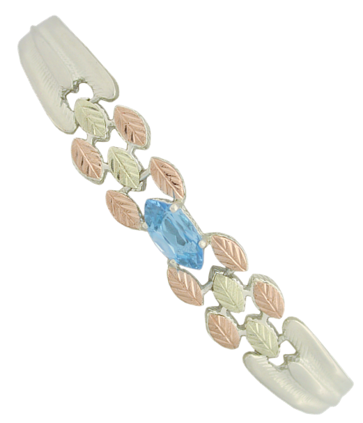 Marquise Blue Topaz Cuff Bracelet in Sterling Silver, 12k Green and Rose Gold Black Hills Gold Motif, 7"