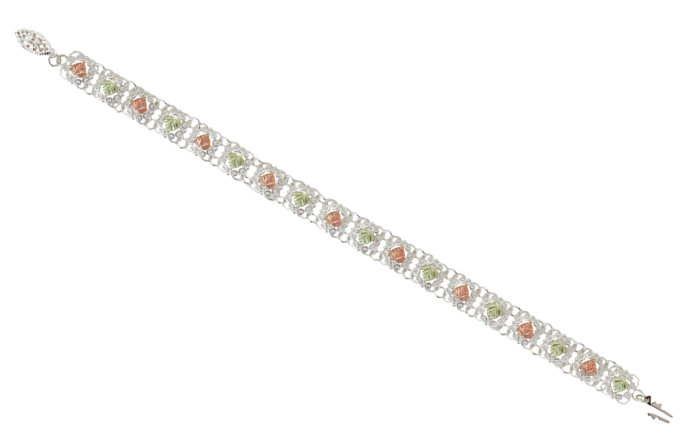 Women's Tricolor Filigree Box Link Bracelet in Sterling Silver, 12k Green and Rose Gold Black Hills Gold Motif