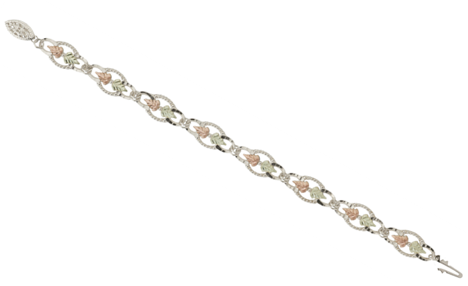 Women's Tricolor Etruscan Style Granulated Bead Edge and Diamond Cut Link Bracelet in Sterling Silver, 12k Green and Rose Gold Black Hills Gold Motif