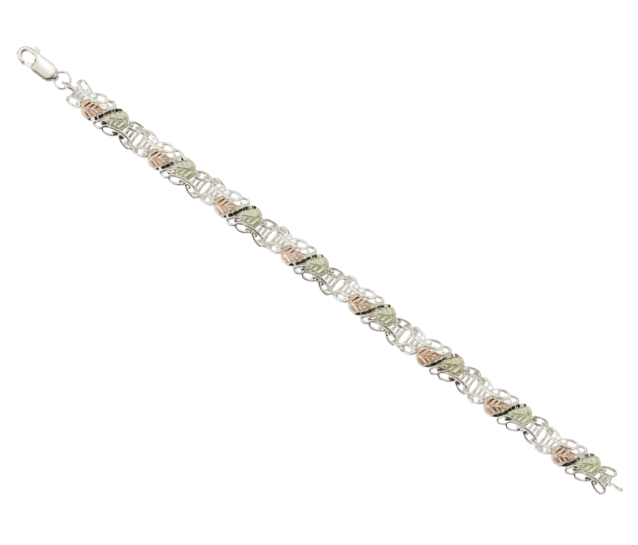 Women's Sterling Silver Filigree, 12k Green and Rose Gold Leaves, Chain Bracelet in Black Hills Gold Motif, 7.25"