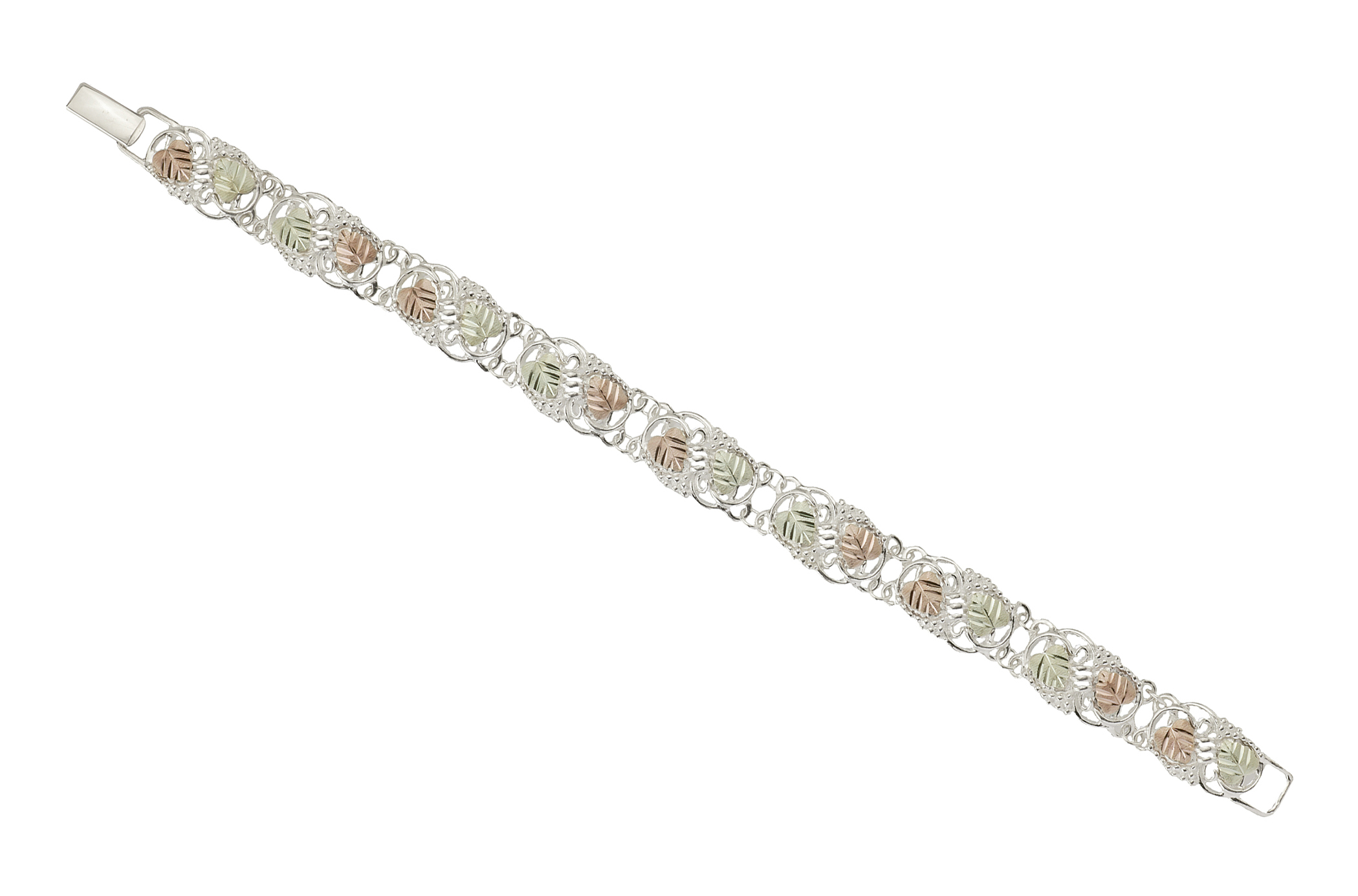 Black Hills Gold Filigree Bracelet, Sterling Silver, 12k Rose Gold, 12k Green Gold,  7.75".