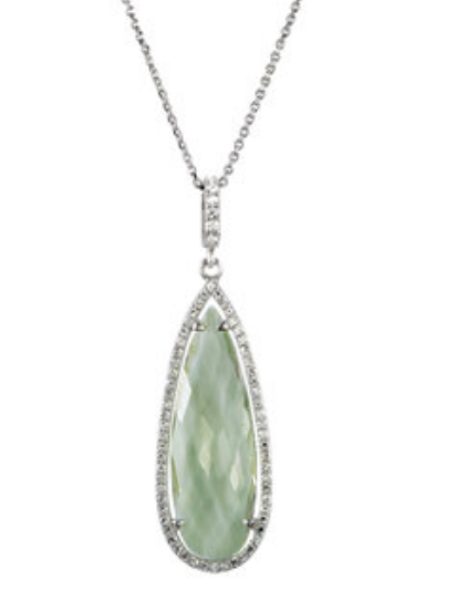 Green Quartz and Diamond Halo double sided checkerboard pendant necklace with 18 inch diamond cut cable chain.