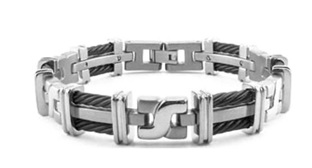 Titanium and Black Twisted Cable X Bracelet, 8.50&quot. 