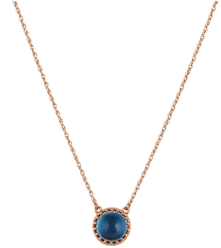 Gorgeous 14k rose gold necklace with a 6.35 Ct London blue topaz cabochon gemstone, necklace is 18 inches in length.