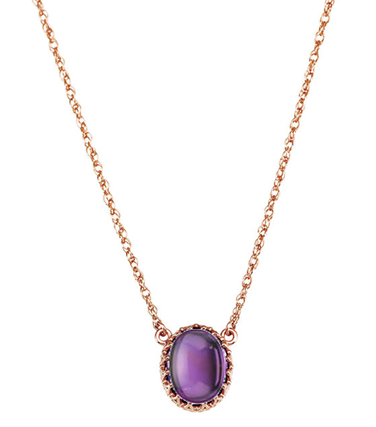 3.45 Carat Oval Amethyst Cabochon 14k Rose Gold Necklace is 18 inches long.