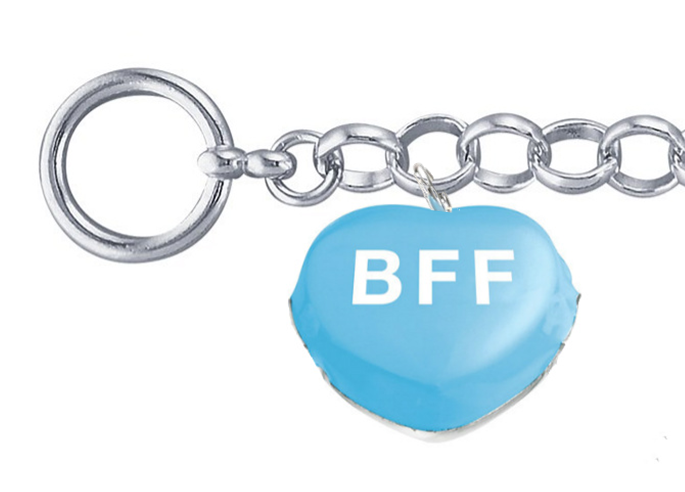 Close up of the sky blue BFF heart sterling silver Sweethearts® bracelet.