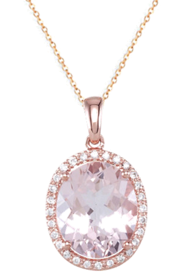 3.85 Ct Morganite and Diamond Melee Halo 14k Rose Gold Necklace.