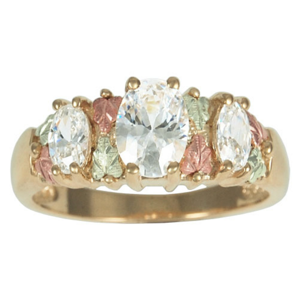 10k yellow gold, 12k rose and green gold, three stone 1.20 CZ ring sizes 4 to 9.