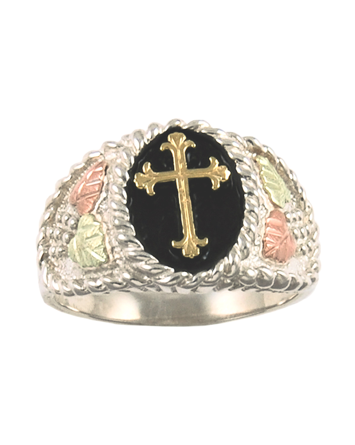 Black Hills Gold Fleur de Lis Cross Ring for Men, Sterling Silver, 10k Yellow Gold, 12k Rose Gold, 12k Green Gold