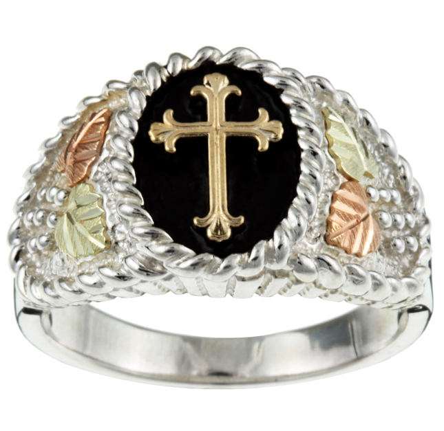 Mens 10k yellow gold cross on black onyx, sterling silver ring with 12k rose gold and 12k green gold Black Hills Gold motif.