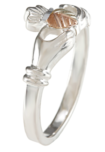 Sterling silver Claddagh ring with 12k rose gold and 12k green Black Hills Gold motif. 