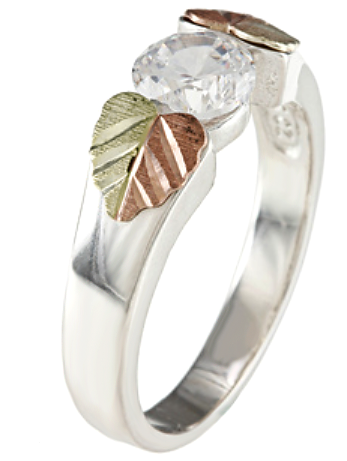 Sterling silver solitaire cz Black Hills Gold ring with 12k rose and green gold motif.