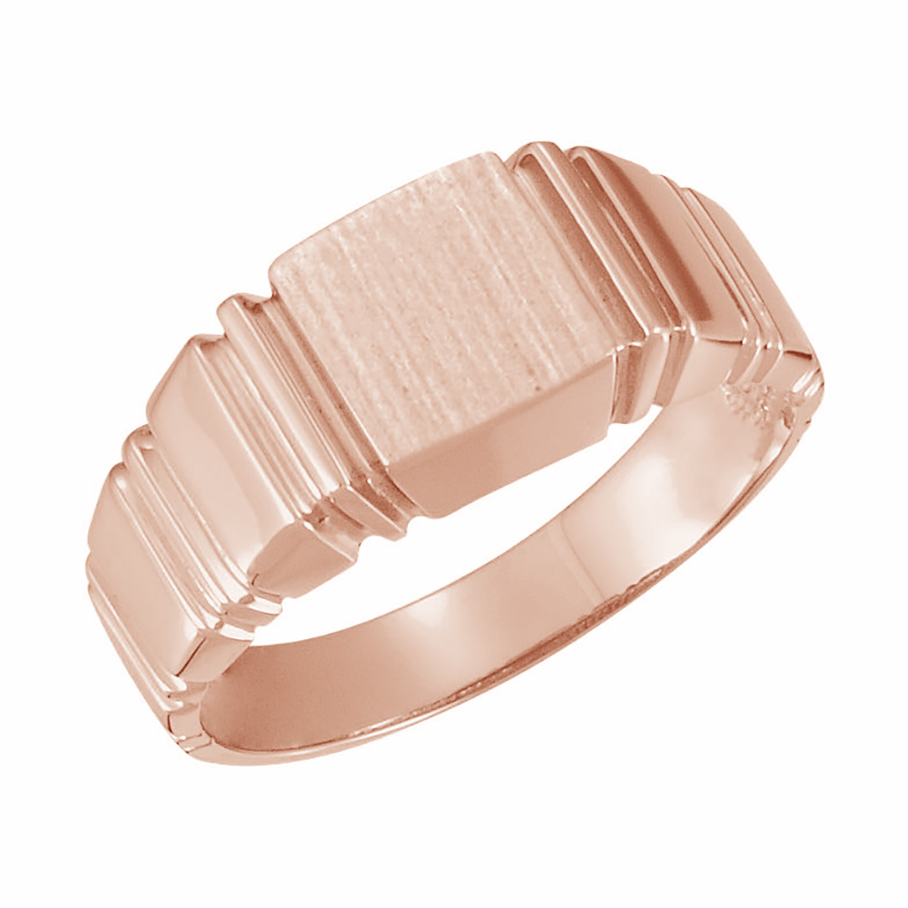 Grooved 9mm Square Signet Ring, 10k Rose Gold