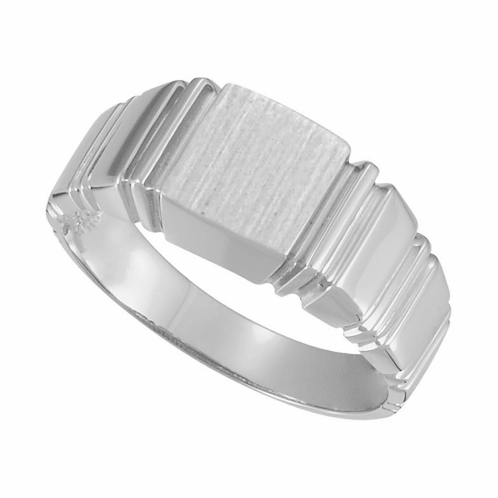 Grooved 9mm Square Signet Ring, Rhodium-Plated 14k White Gold