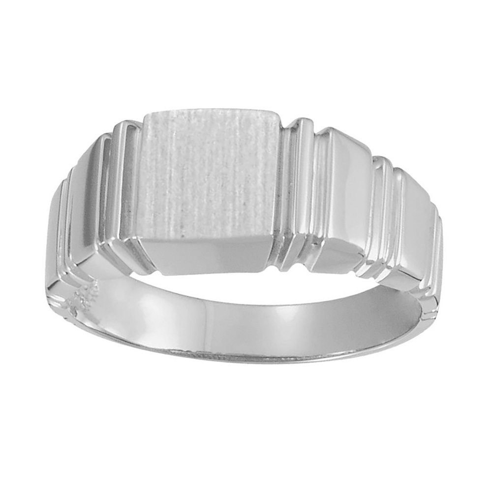 Grooved 9mm Square Signet Ring, Rhodium-Plated 14k White Gold