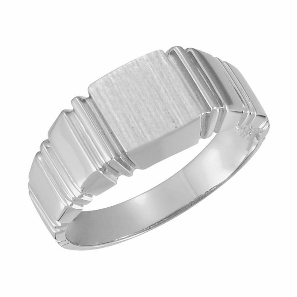 Grooved 9mm Square Signet Ring, Rhodium-Plated 14k White Gold