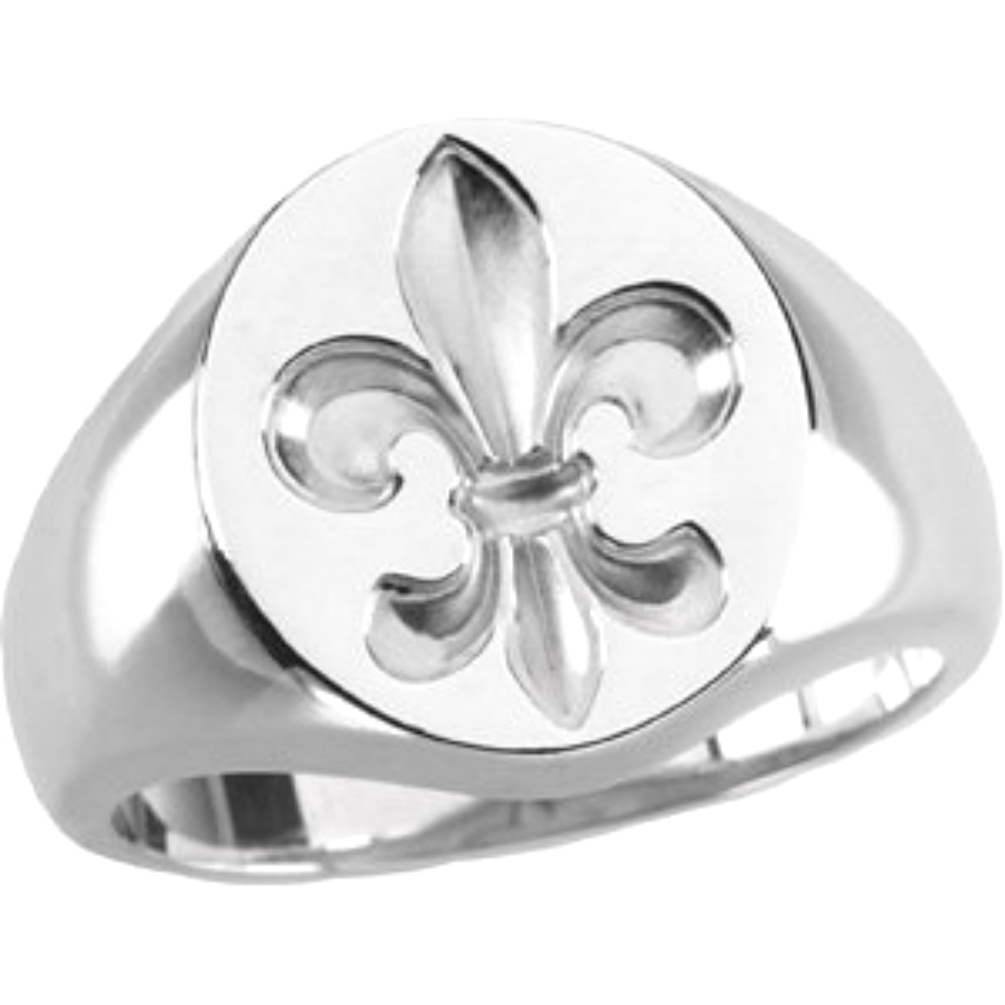 Hand-Cast Fleur de Lys Signet Ring in polished sterling silver with bead blast, engraved Fleur de Lis insignia..