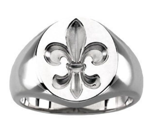 Fleur de Lis Signet ring is offered in white gold, sterling silver, yellow gold and platinum.