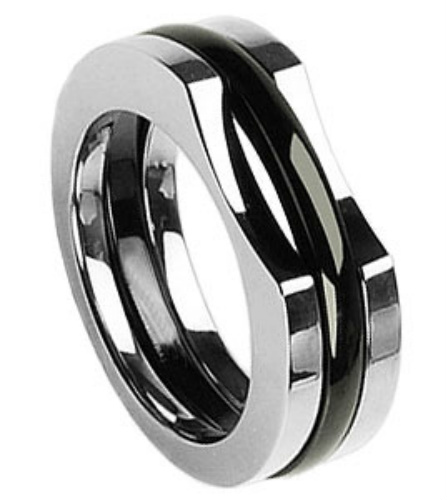 Two-tone titanium band with black titanium contrasting the high polished titanium.