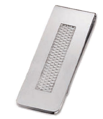 Titanium money clip with silvery-grey carbon fiber pattern inset on front of the money clip. Back of money clip can be engraved.