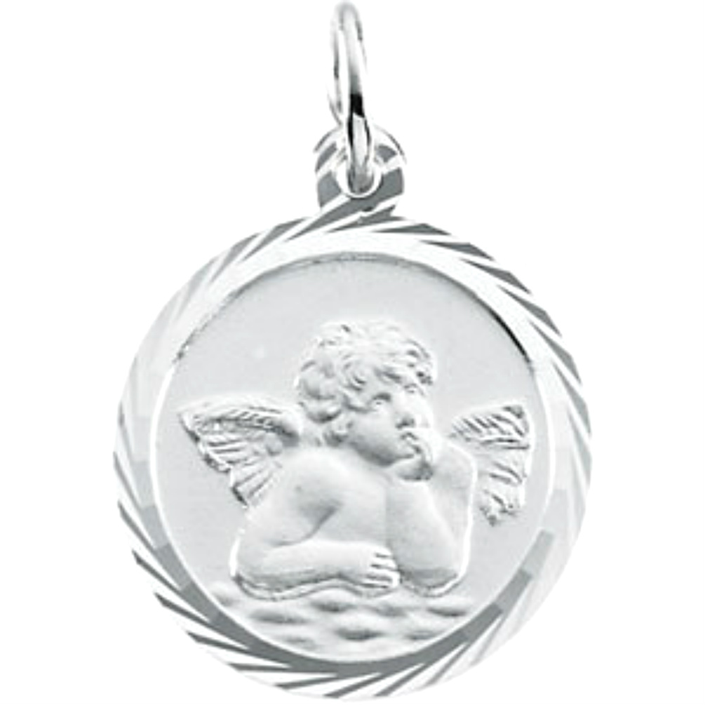 14k White Gold Archangel Raphael Wheat Trimmed Round Medal.