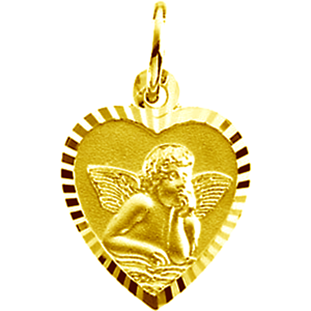 14k Yellow Gold Angel Heart Medal with Diamond Cut Edging Framing St. Raphael.