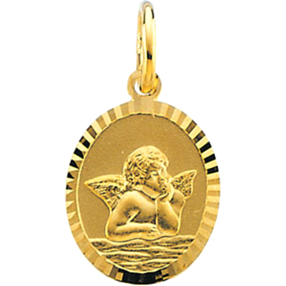 14k Yellow Gold Oval Diamond-Cut St. Raphael Medal.