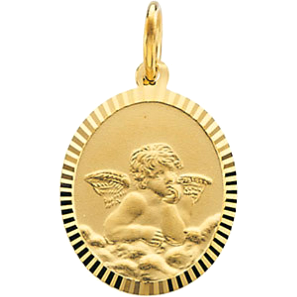 14k Yellow Gold Diamond-Cut Oval Angel Medal.