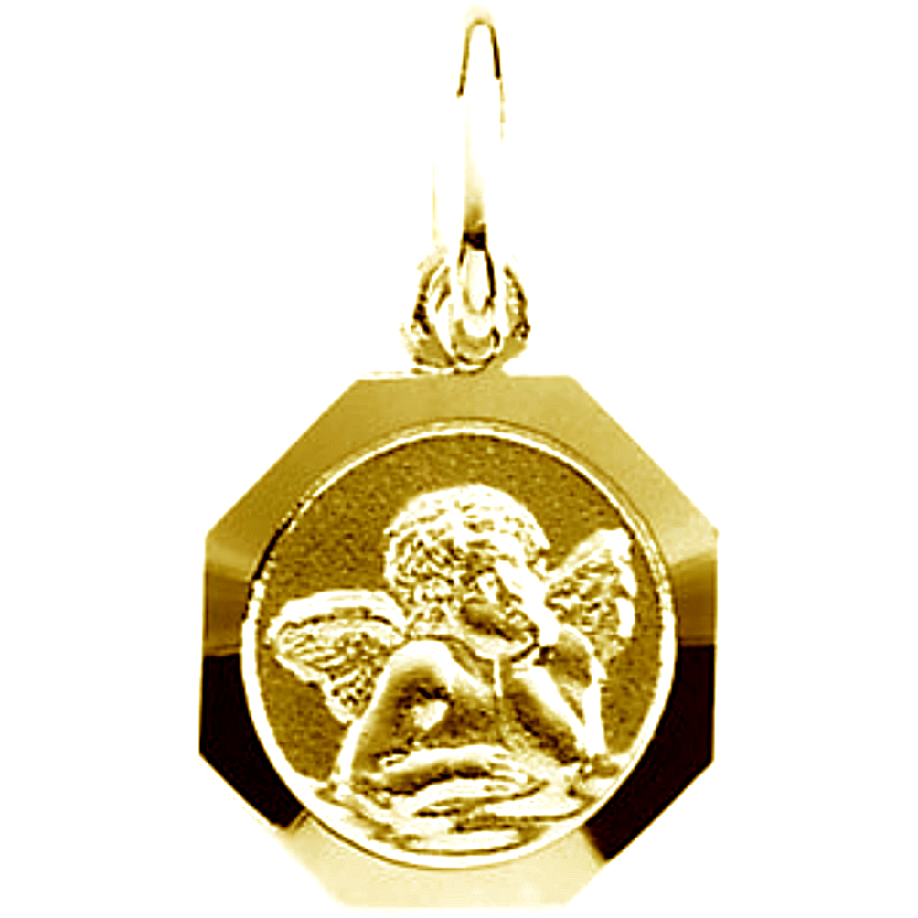 14k Octagon Shape Yellow Gold Archangel Raphael Charm or Petite Pendant.