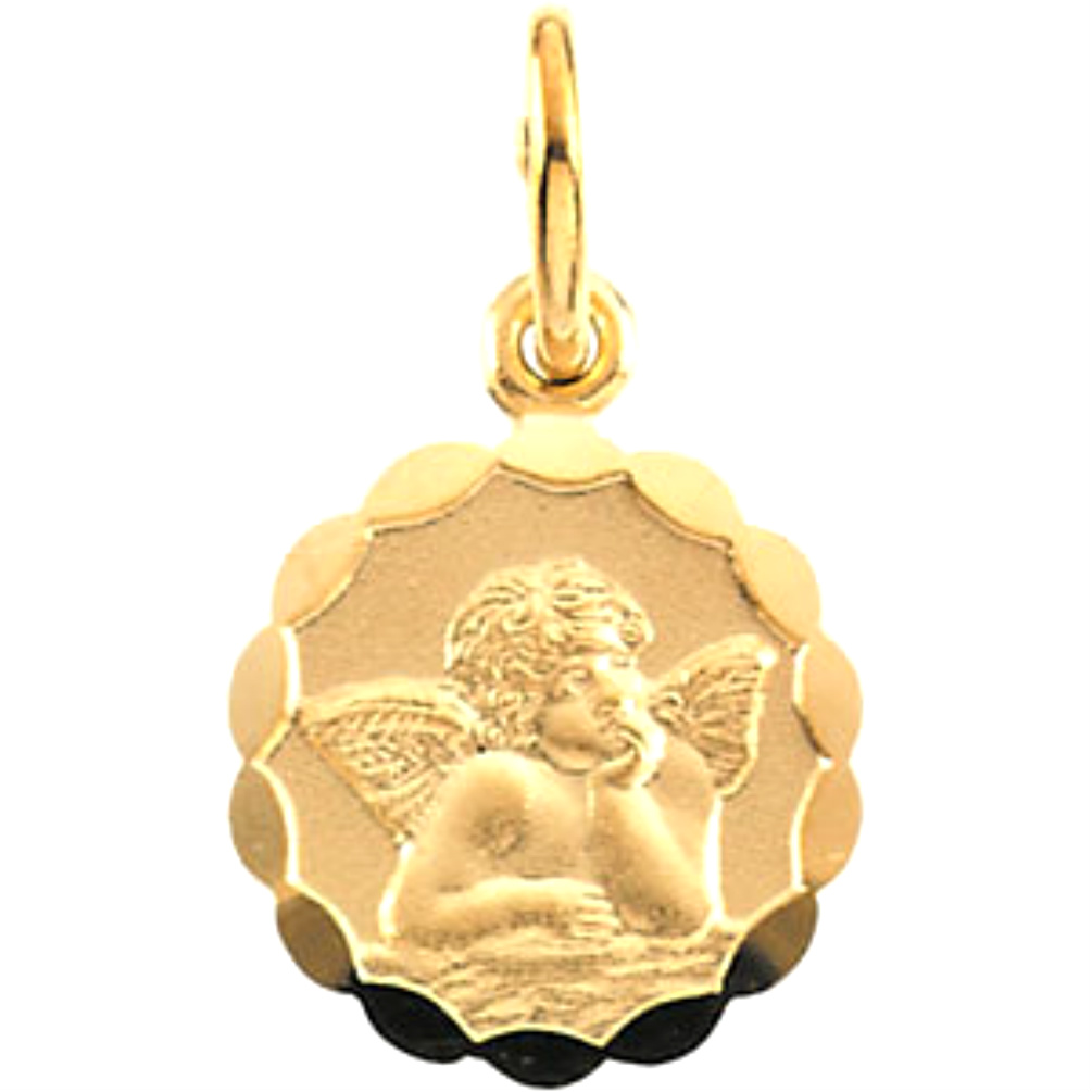 14k Yellow Gold Round Angel Medal with Decorative Frame.