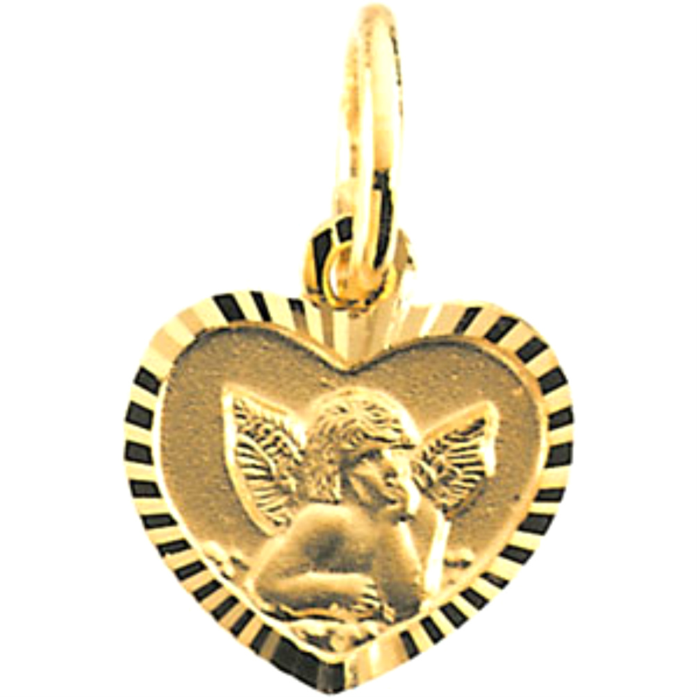 14k Yellow Gold Petite St. Raphael Angel Heart with diamond cut trim surrounding the heart.