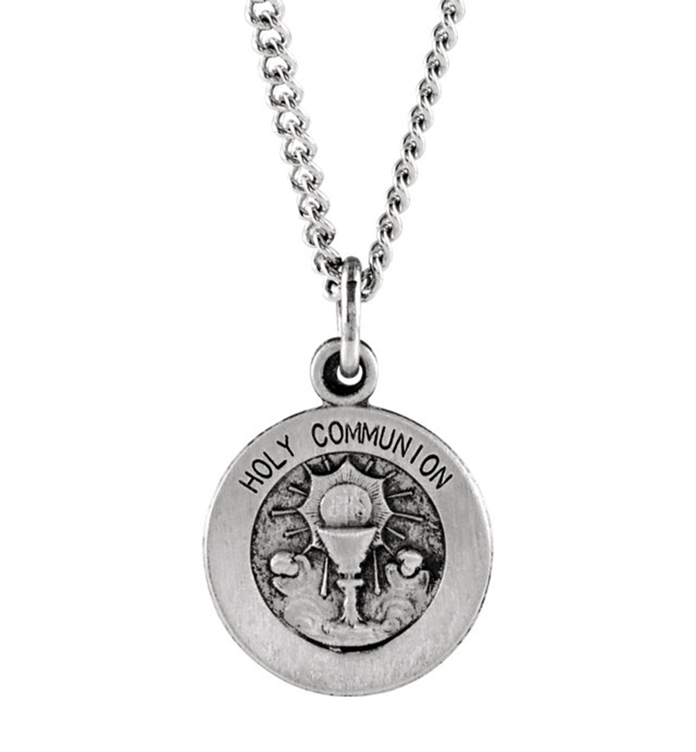 Sterling Silver Round Holy Communion Medal with Chain Necklace, 18" (12x12 MM).