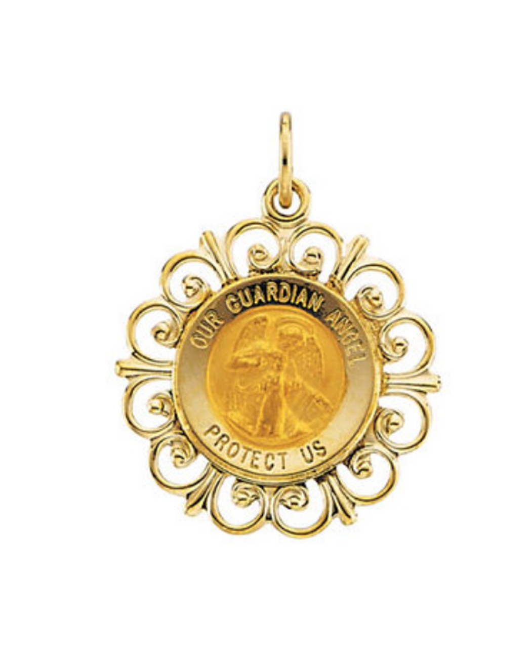 14k Yellow Gold Round Guardian Angel Pendant Medal (18.5 MM).