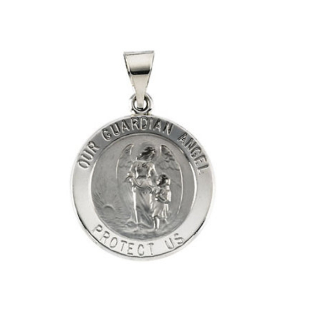 14k White Gold Hollow Round Guardian Angel Medal (18.25x18.50 MM).