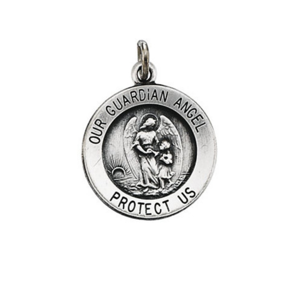 14k White Gold Guardian Angel Medal (15 MM).