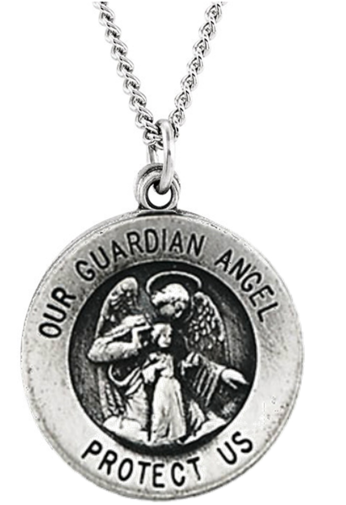 Our Guardian Angel Medal Necklace, Angel is Kneeling with Child in Sterling Silver.