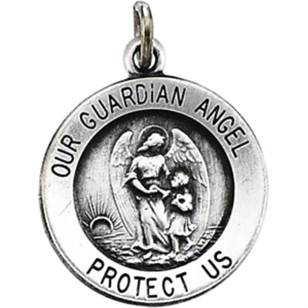 Our Guardian Angel Protect Us Medal in 14k White Gold.