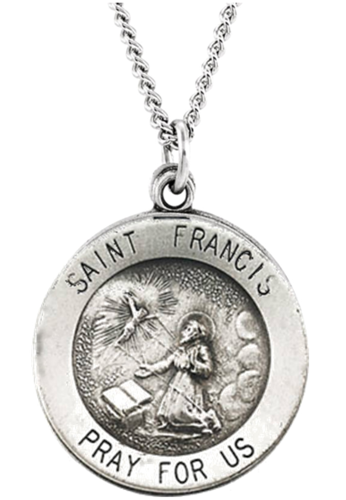 St. Francis of Assisi Sterling Silver Necklace in 18 and 24 Inch Lengths.