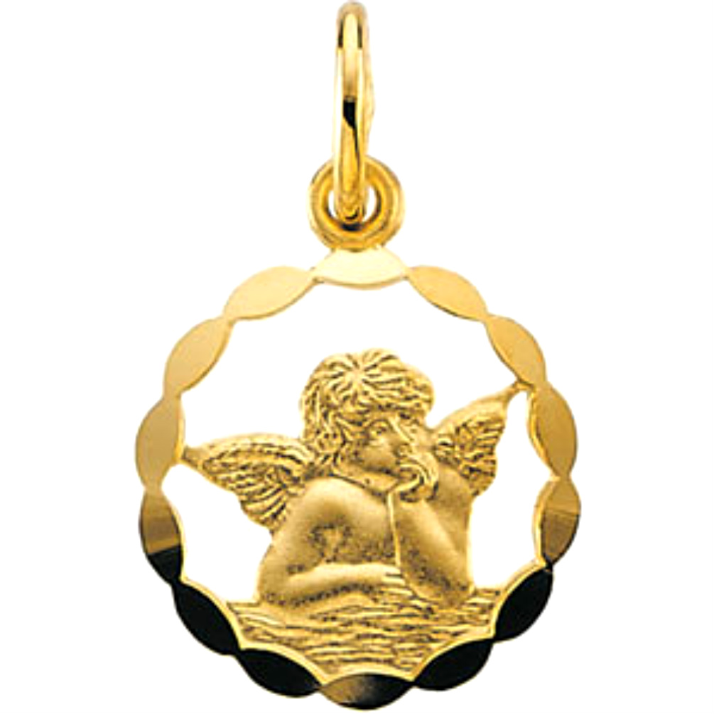 Scallop Edged Angel Medal in 14k Yellow Gold.