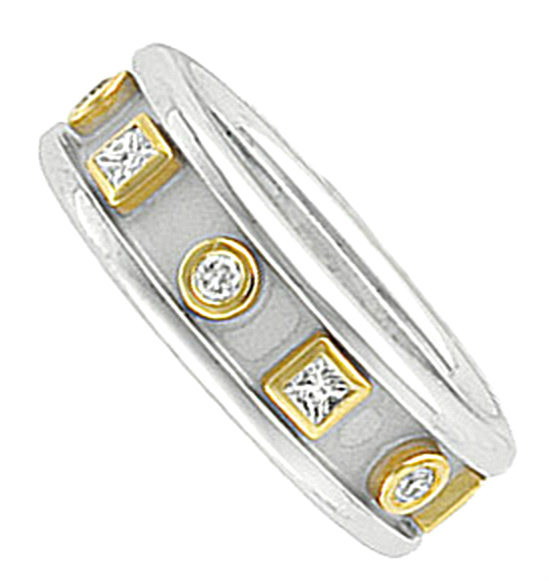 10-Stone Diamonds Etruscan Style Two-Tone Anniversary 14k White and Yellow Gold Band. 