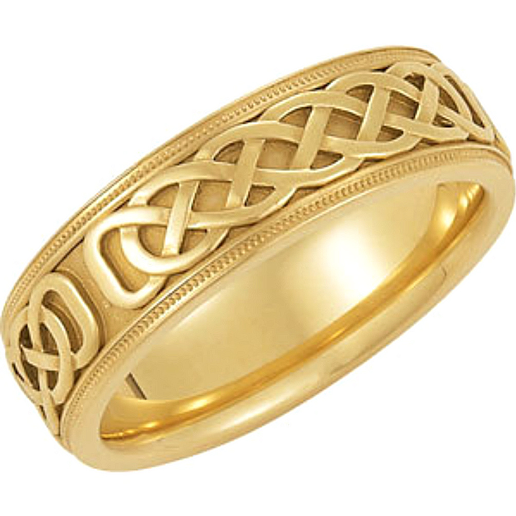 14k yellow gold celtic infinity circle band with milgrain trim and pipe edge comfort fit ring.