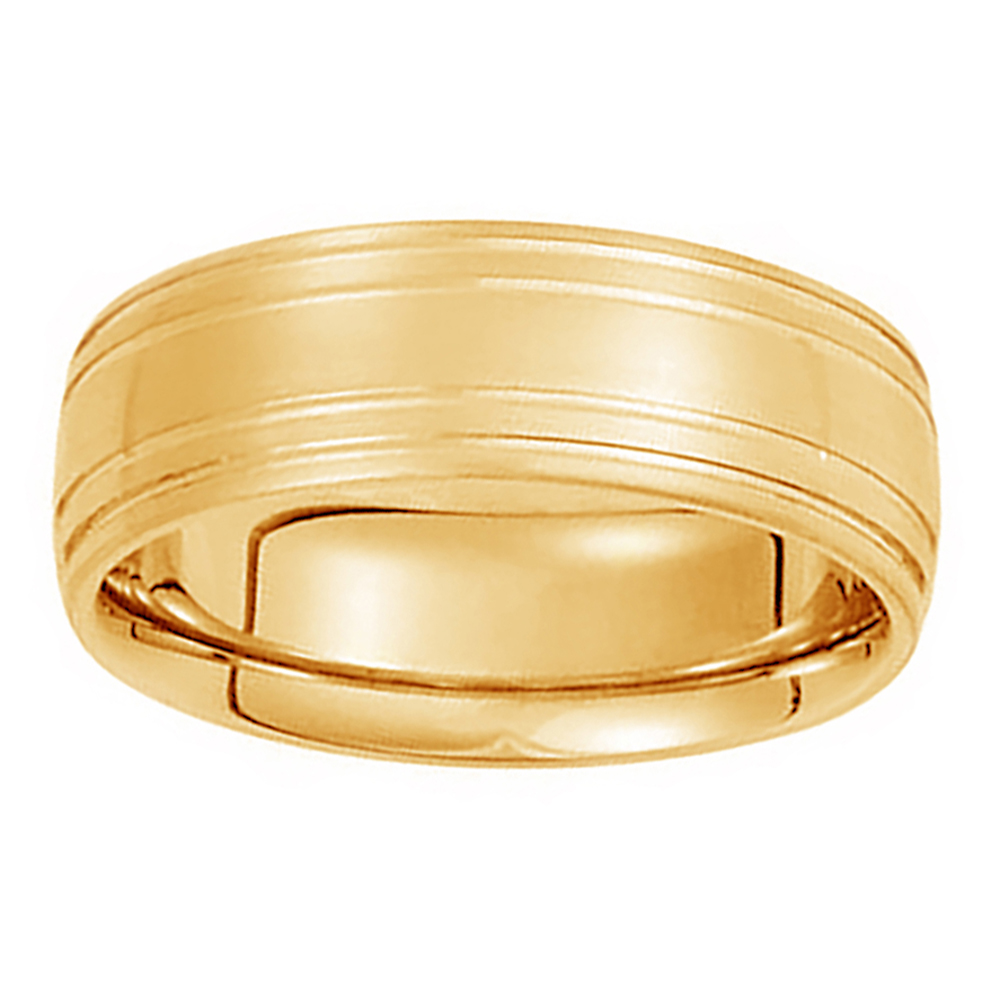 Satin Finish Grooved Comfort-Fit Band, 7mm 14k Yellow Gold