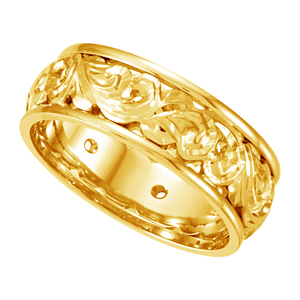 Open-Cut Scrollwork Hand-Engraved Band, 8.5 mm 14k Yellow Gold 