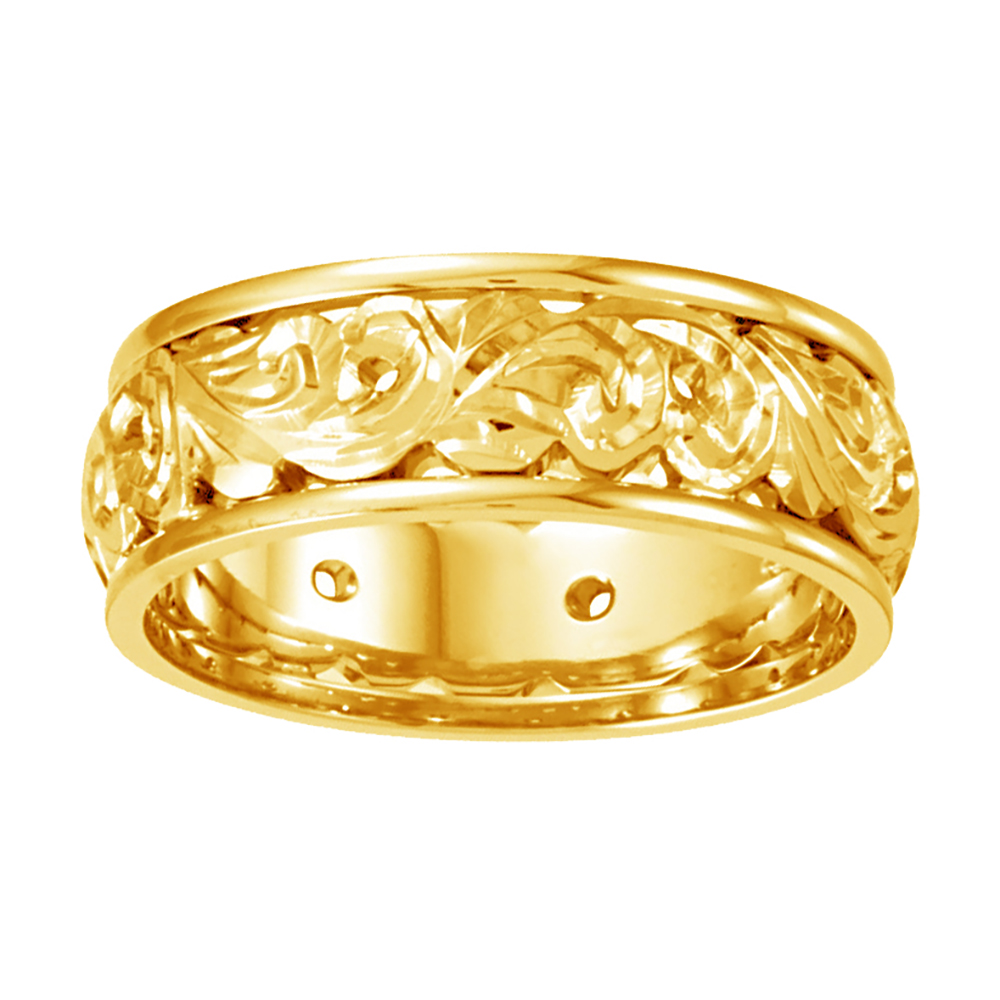 Open-Cut Scrollwork Hand-Engraved Band, 8.5 mm 14k Yellow Gold