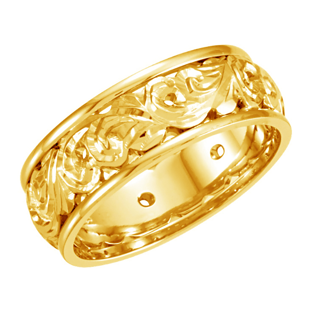 Open-Cut Scrollwork Hand-Engraved Band, 8.5 mm 14k Yellow Gold 