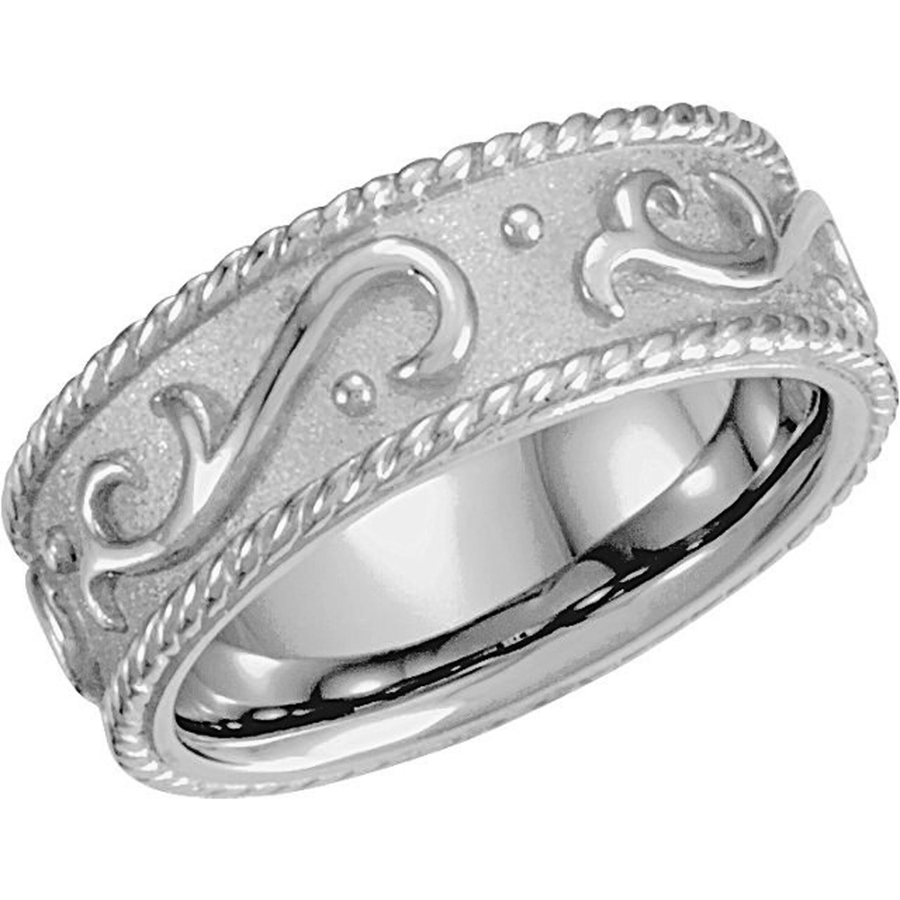 Raised Scroll Design Band, 7.25mm 14k White Gold