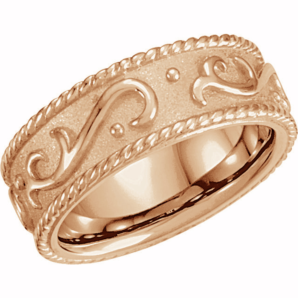 Raised Scroll Design Band, 7.25mm 14k Rose Gold