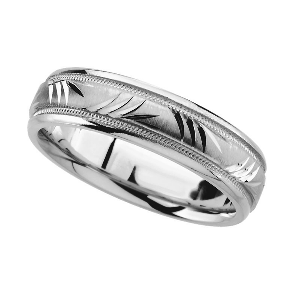 Diamond-Cut Palm Frond Pattern Comfort-Fit Band, 6mm 14k White Gold